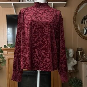 Maurices Burgundy Long Sleeve Blouse with Floral Detail